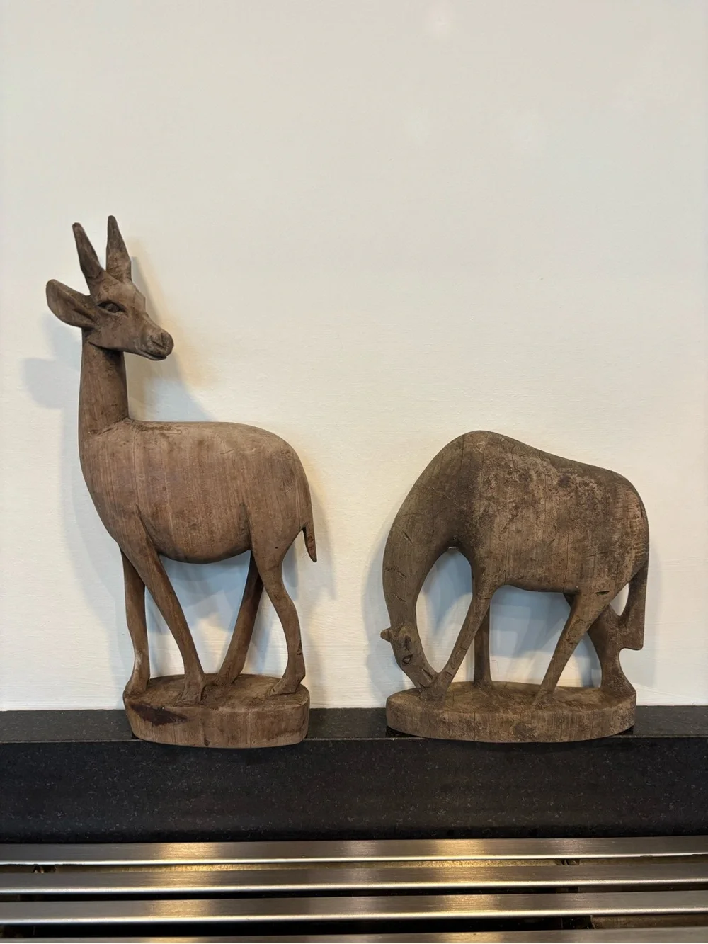 Vintage Hand Carved Rustic Natural Wood Antelope Figurines, Matte, Set Of 2